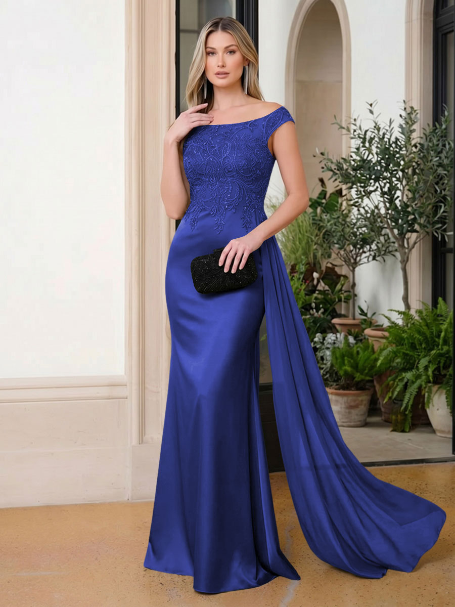 Satin Mermaid Scoop Neck Ruffles Lace Appliques Evening Dresses