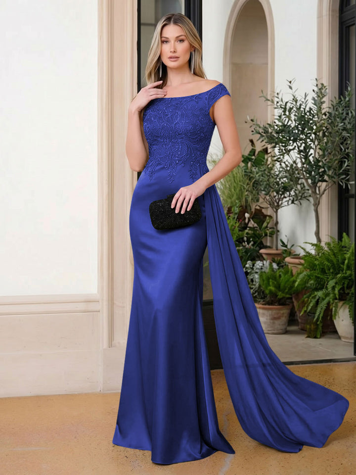Satin Mermaid Scoop Neck Ruffles Lace Appliques Evening Dresses