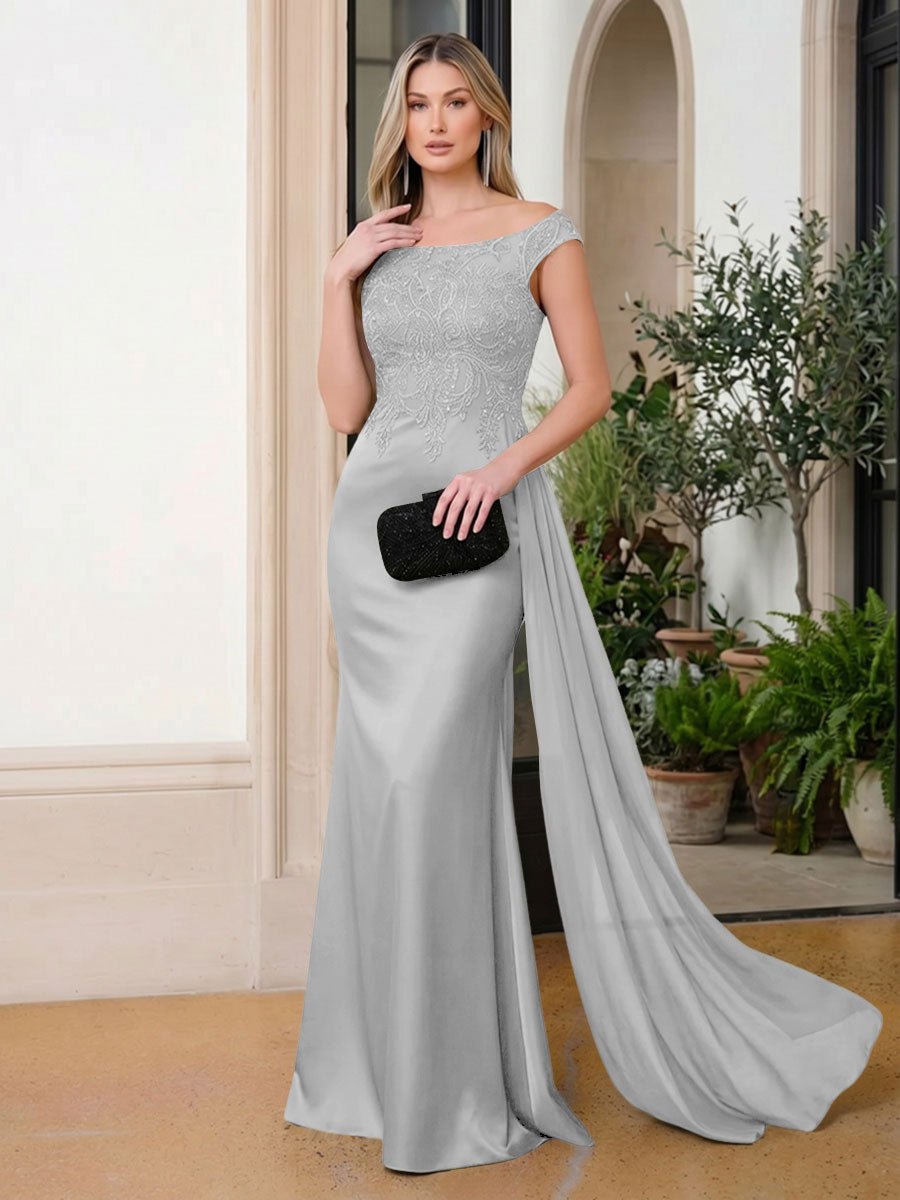 Satin Mermaid Scoop Neck Ruffles Lace Appliques Evening Dresses