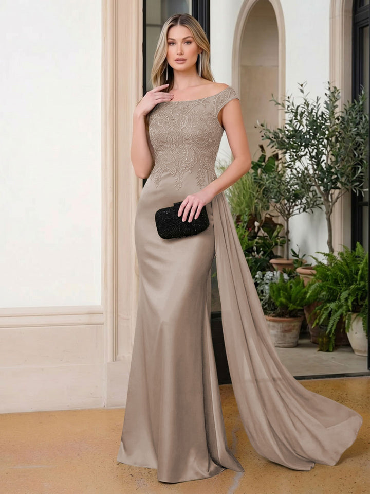 Satin Mermaid Scoop Neck Ruffles Lace Appliques Evening Dresses
