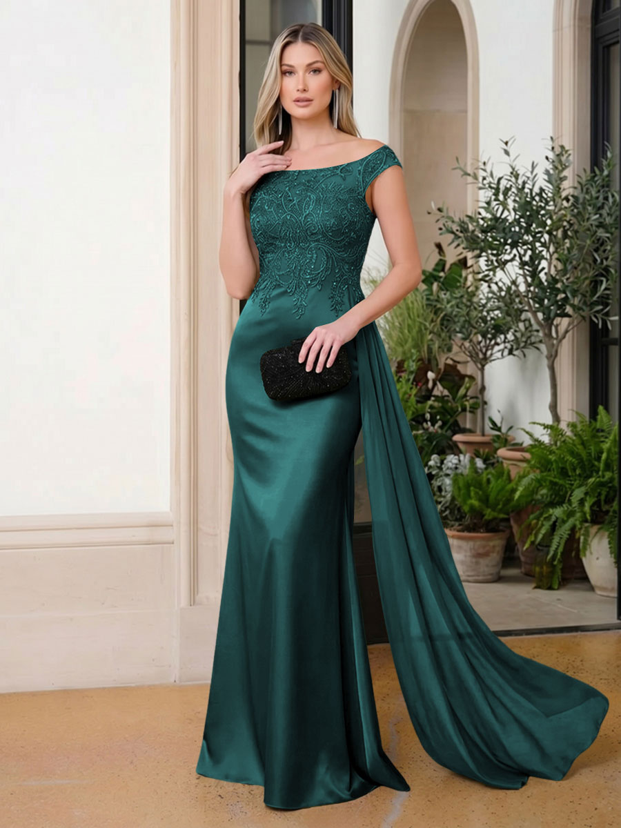 Satin Mermaid Scoop Neck Ruffles Lace Appliques Evening Dresses