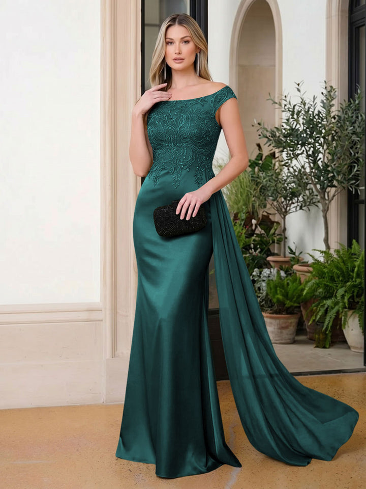 Satin Mermaid Scoop Neck Ruffles Lace Appliques Evening Dresses