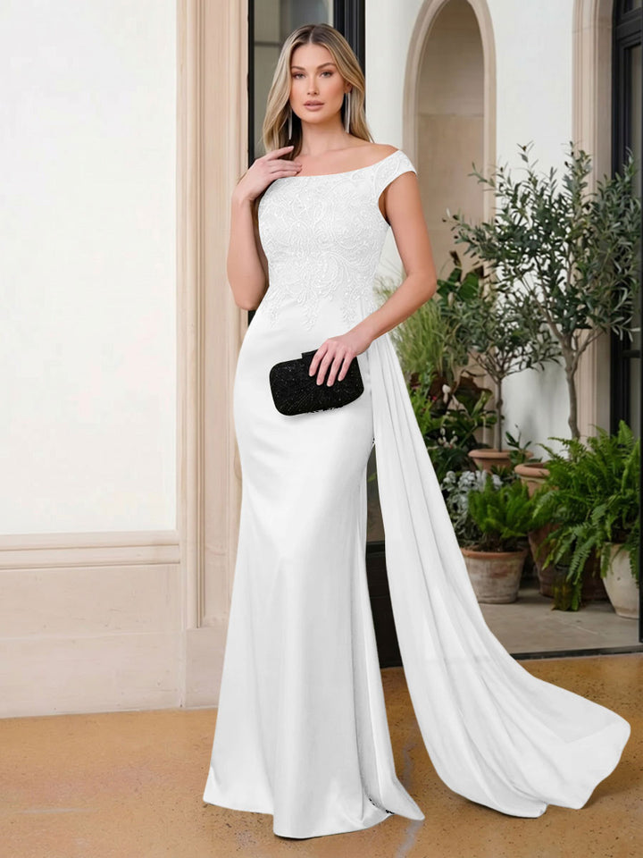 Satin Mermaid Scoop Neck Ruffles Lace Appliques Evening Dresses