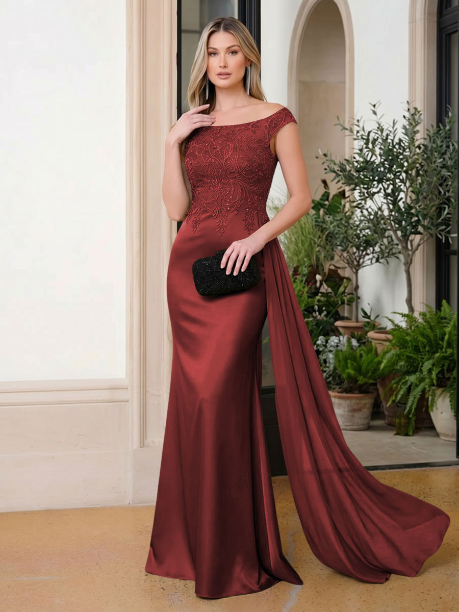Satin Mermaid Scoop Neck Ruffles Lace Appliques Evening Dresses