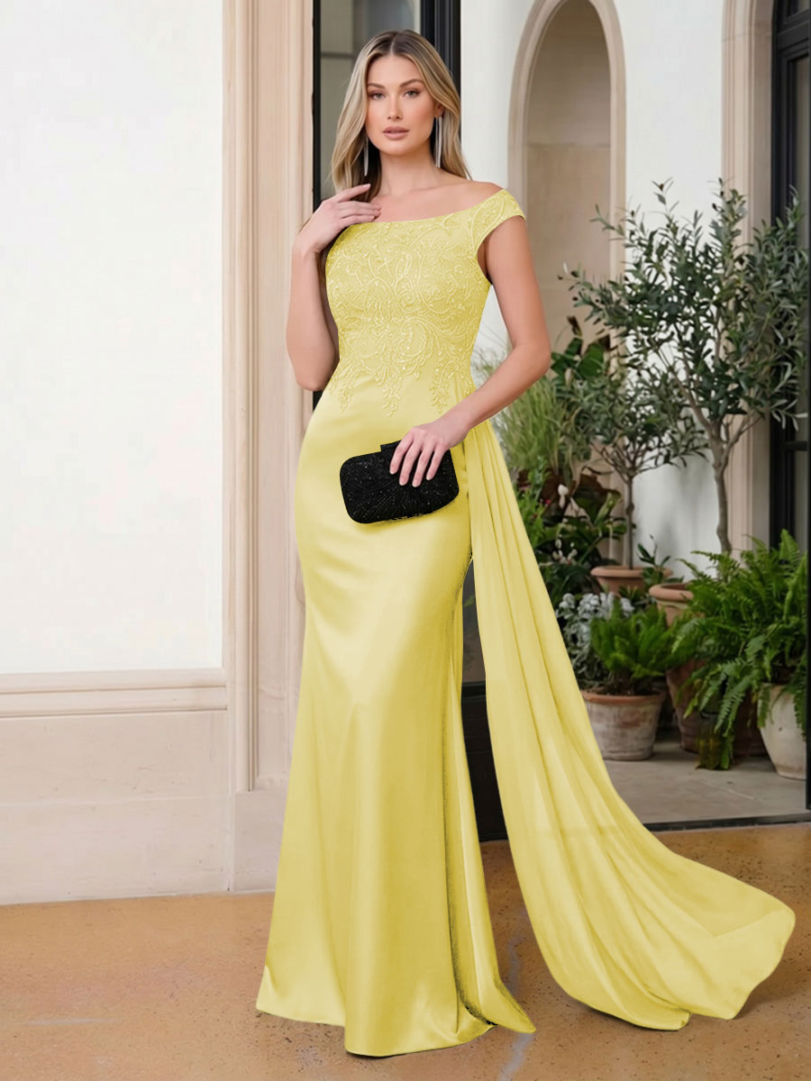 Satin Mermaid Scoop Neck Ruffles Lace Appliques Evening Dresses