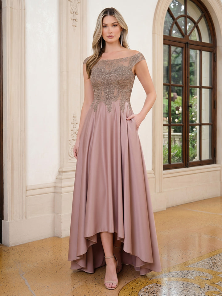 Satin A Line Scoop Neck Pleats Lace Appliques Evening Dresses with Pockets