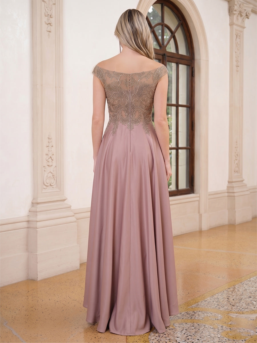 Satin A Line Scoop Neck Pleats Lace Appliques Evening Dresses with Pockets