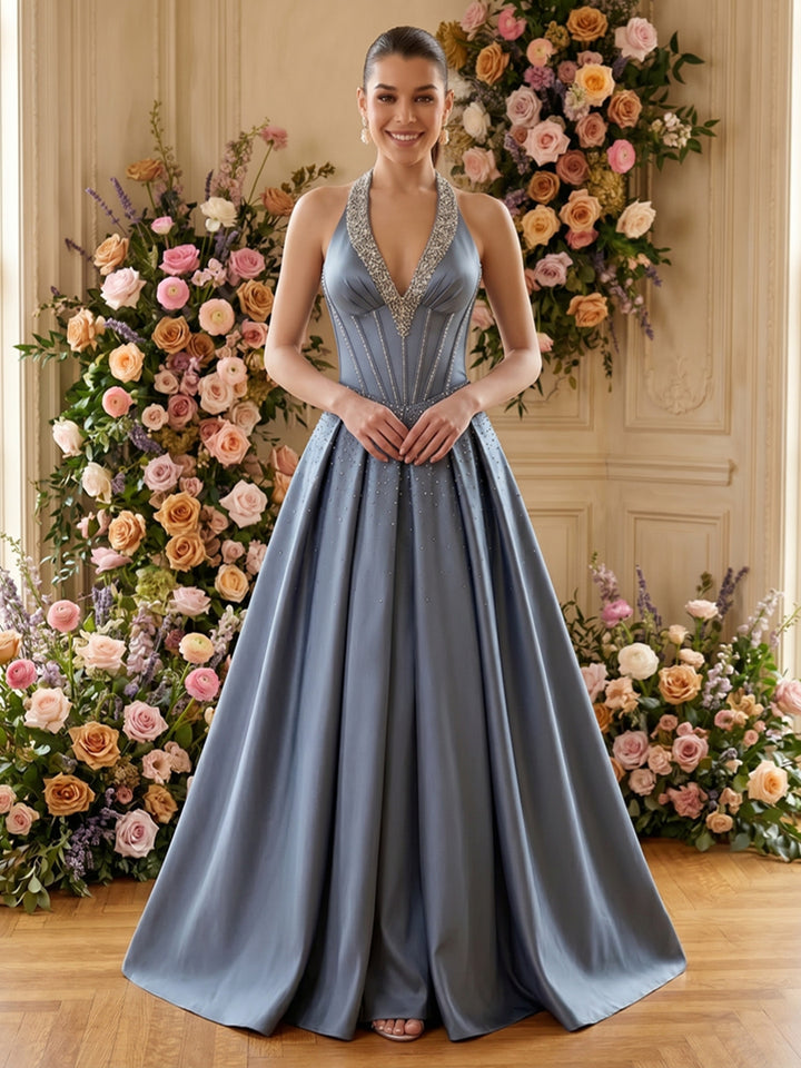 Satin A Line V Neck Pleats Ruched Evening Dresses