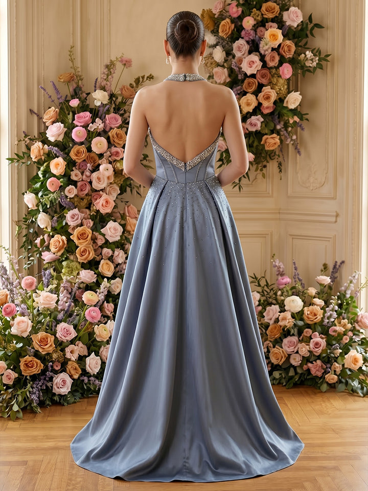 Satin A Line V Neck Pleats Ruched Evening Dresses