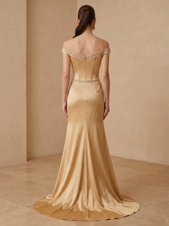 Satin Mermaid Off the Shoulder Beadings Corset Evening Dresses with Slit