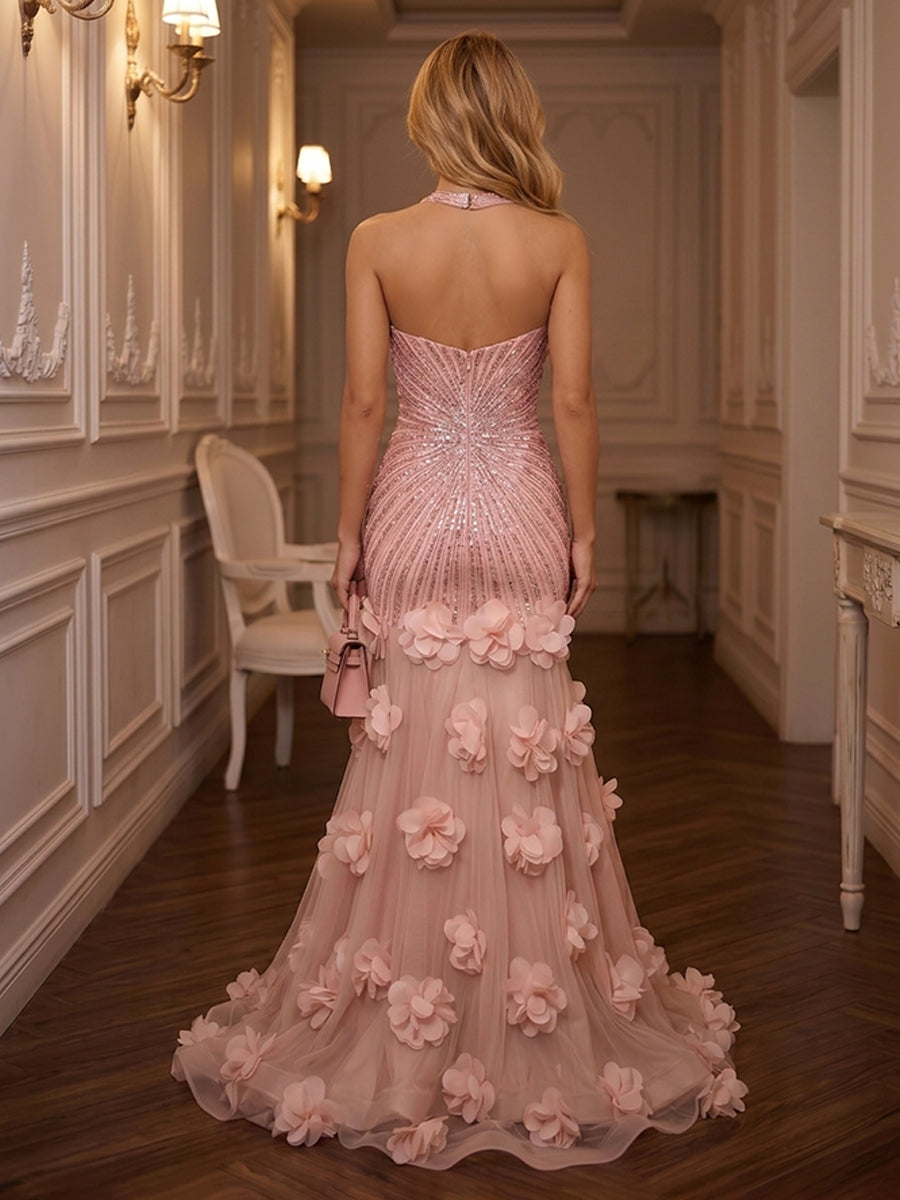 Sequin Mermaid Halter 3D Flowers Ruched Evening Dresses