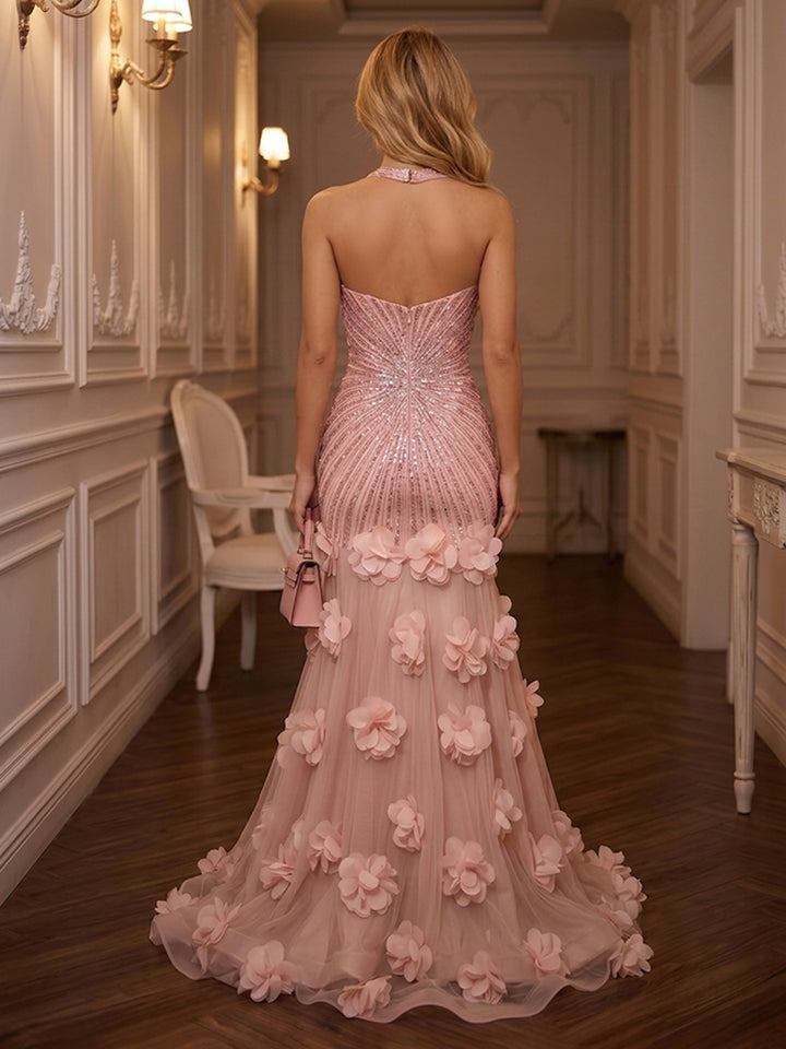 Sequin Mermaid Halter 3D Flowers Ruched Evening Dresses