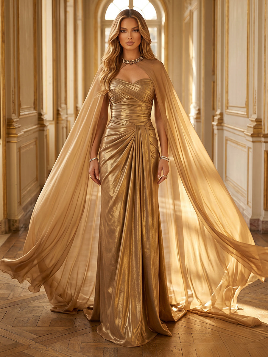Metallic Satin Mermaid Strapless with Cape Glitter Evening Dresses