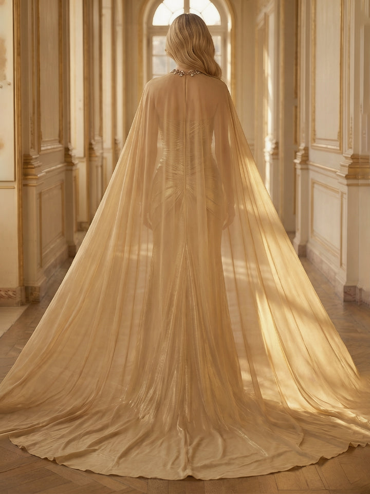 Metallic Satin Mermaid Strapless with Cape Glitter Evening Dresses