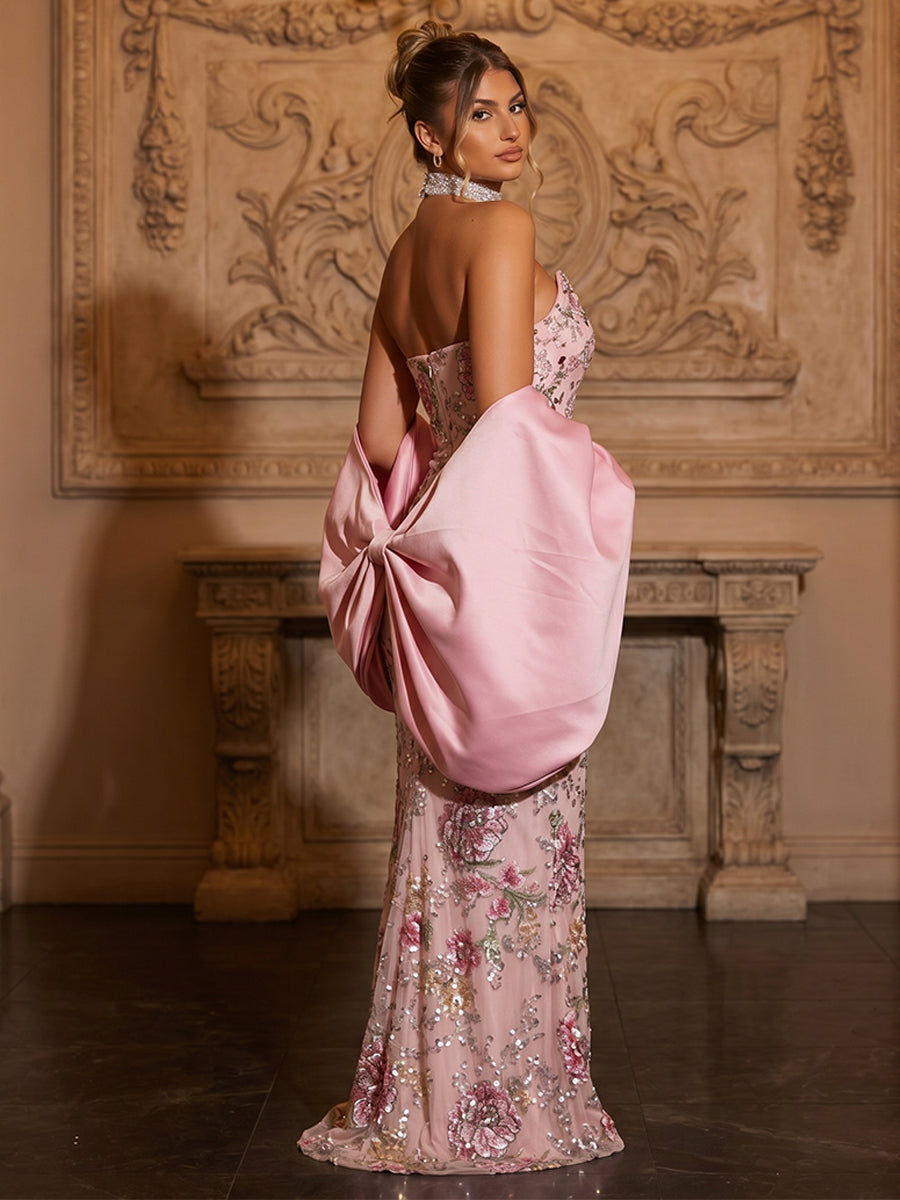 Sequin Floral Sheath Strapless Bow Glitter Evening Dresses