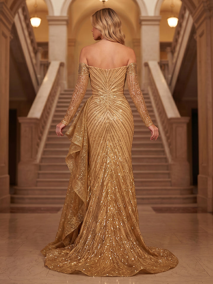 Sequin Sheath Off the Shoulder Sash Glitter Evening Dresses
