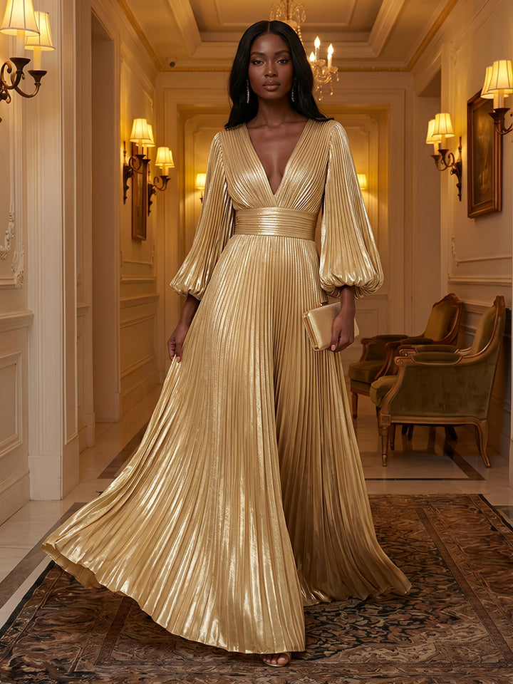 Metallic Satin A Line V Neck Ruched Glitter Evening Dresses