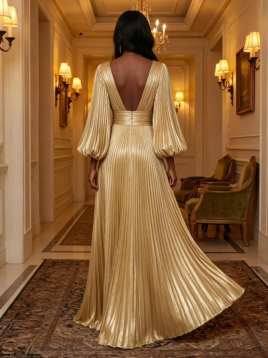 Metallic Satin A Line V Neck Ruched Glitter Evening Dresses