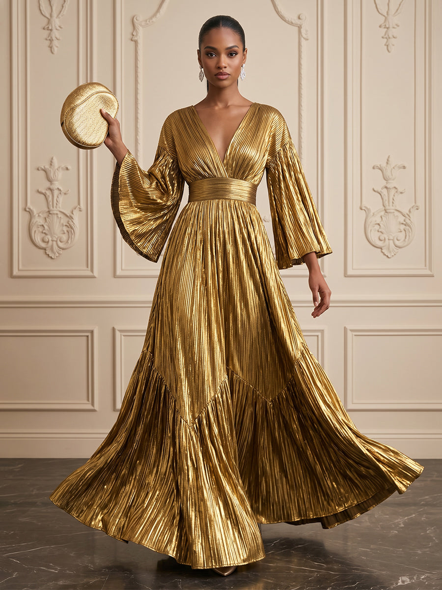 Metallic Satin A Line V Neck Ruched Glitter Evening Dresses