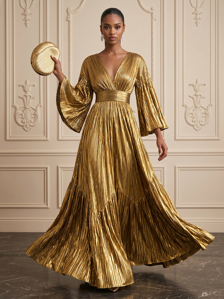 Metallic Satin A Line V Neck Ruched Glitter Evening Dresses