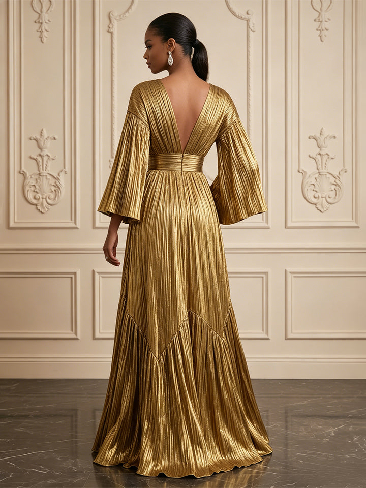Metallic Satin A Line V Neck Ruched Glitter Evening Dresses