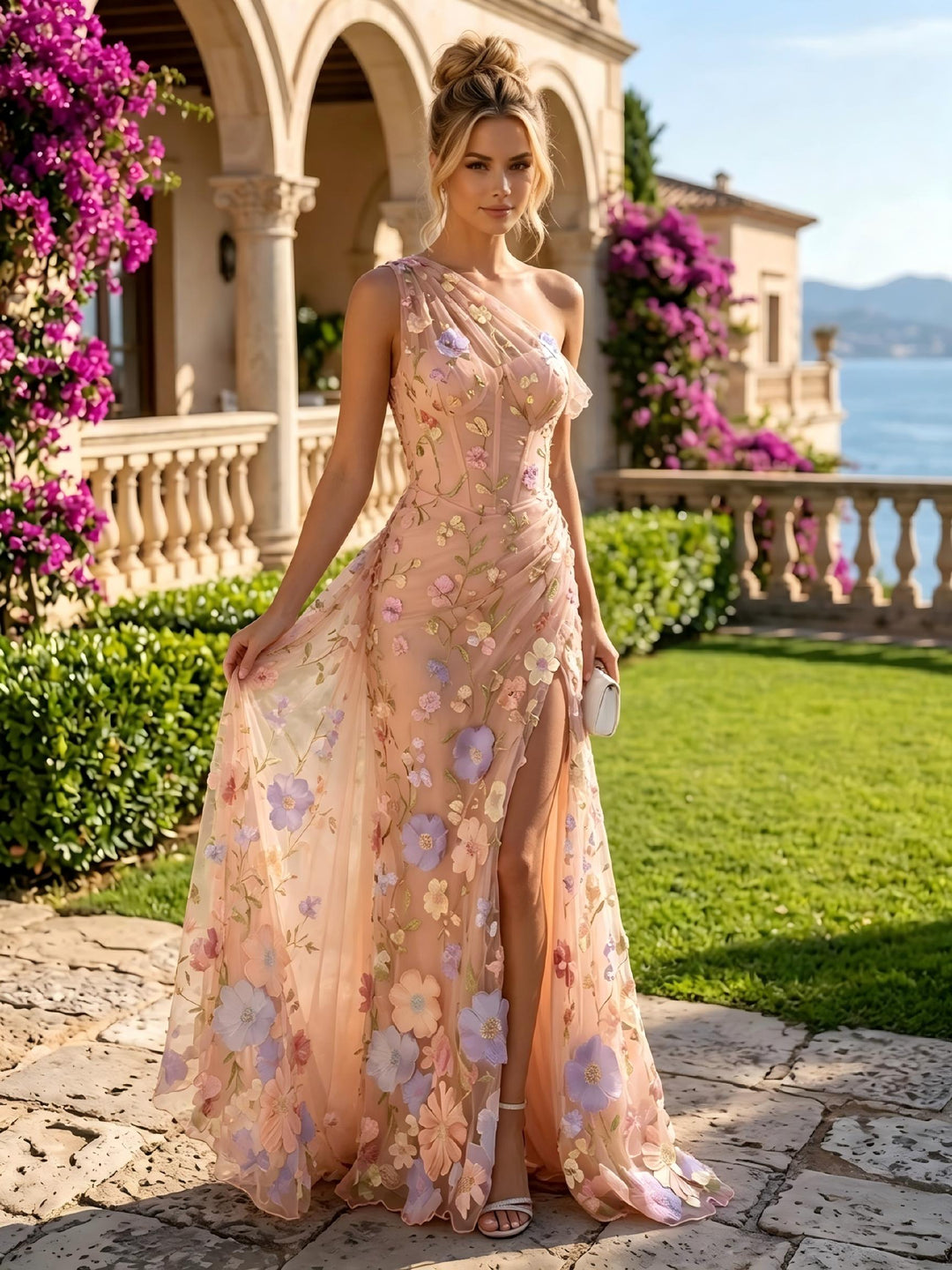 Embroidery Mermaid One Shoulder Corset Ruched Evening Dresses