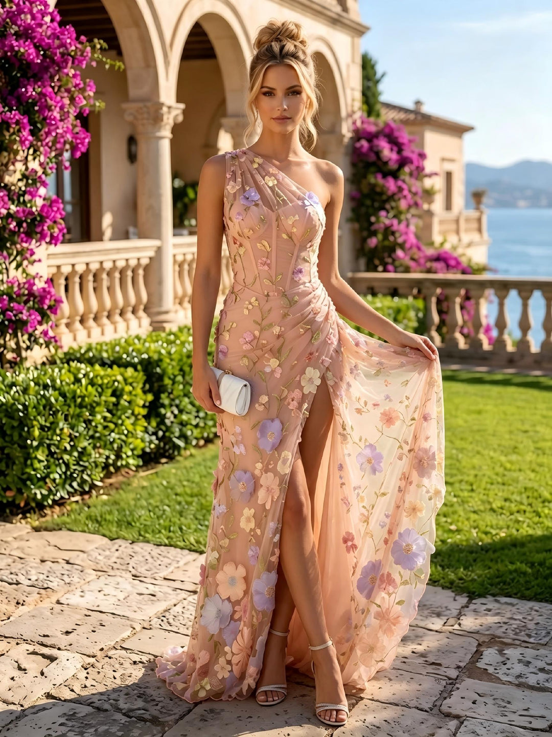 Embroidery Mermaid One Shoulder Corset Ruched Evening Dresses