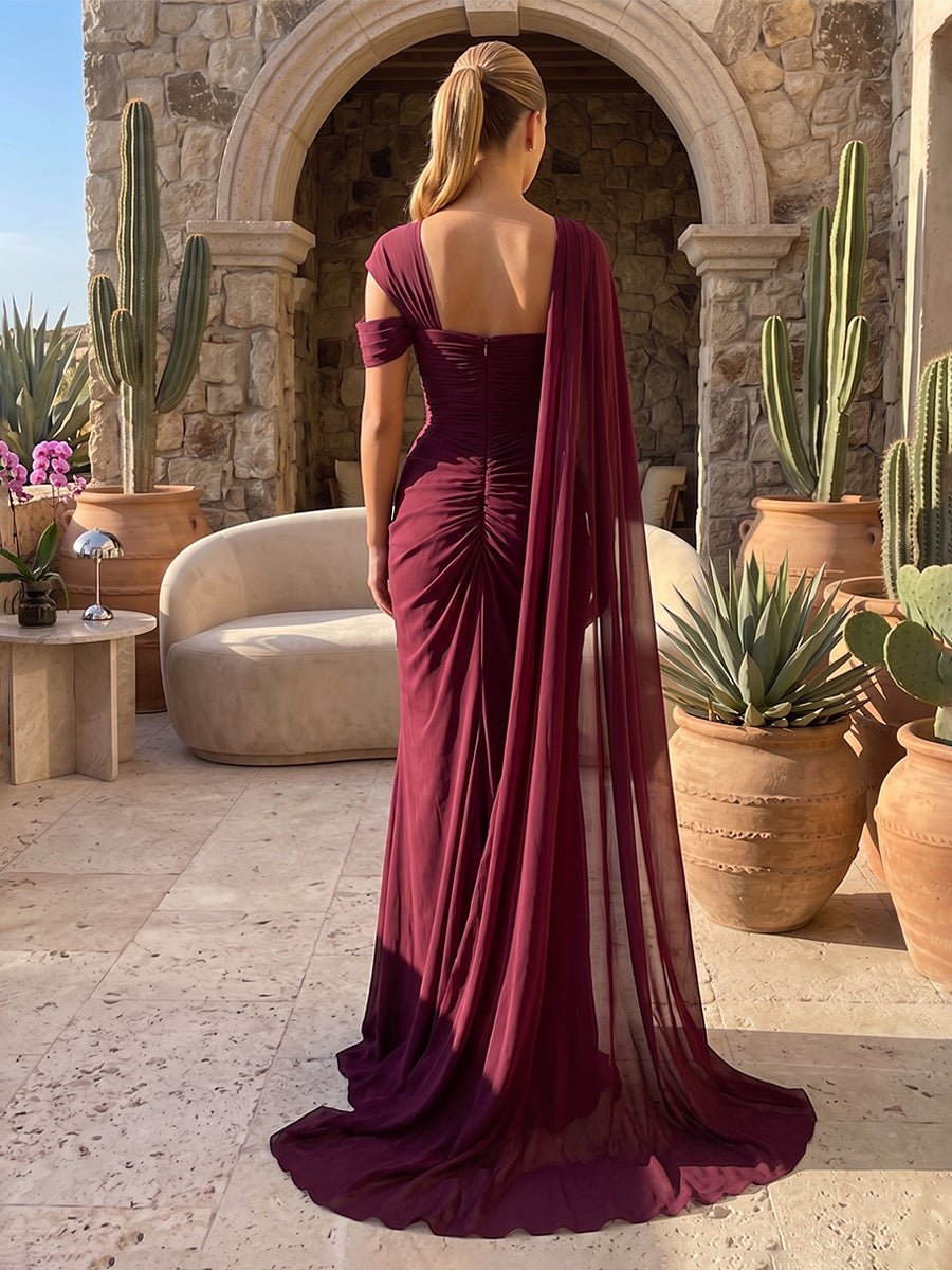 Chiffon Mermaid One Shoulder with Cape Ruched Evening Dresses