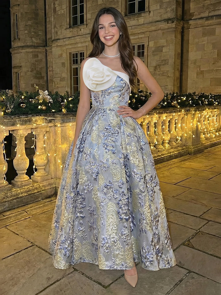 Jacquard A Line Strapless 3D Flowers Ruched Evening Dresses