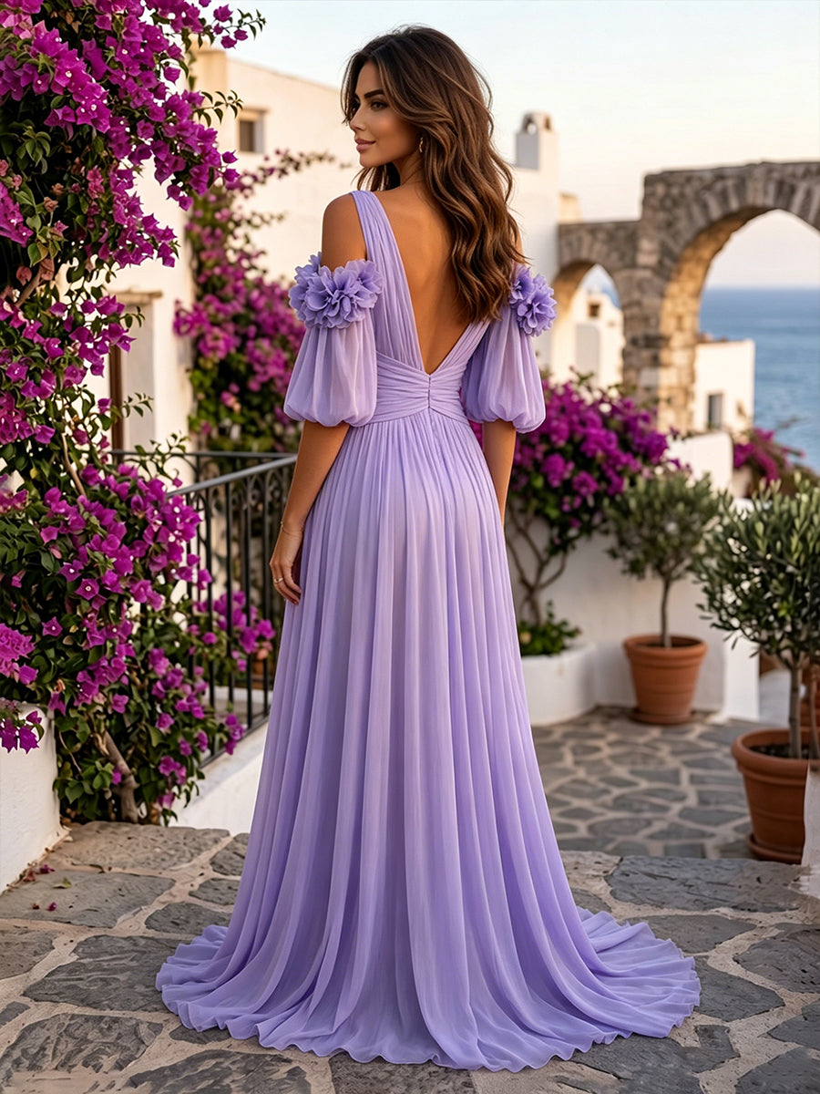 Chiffon A Line V Neck 3D Flowers Pleats Evening Dresses