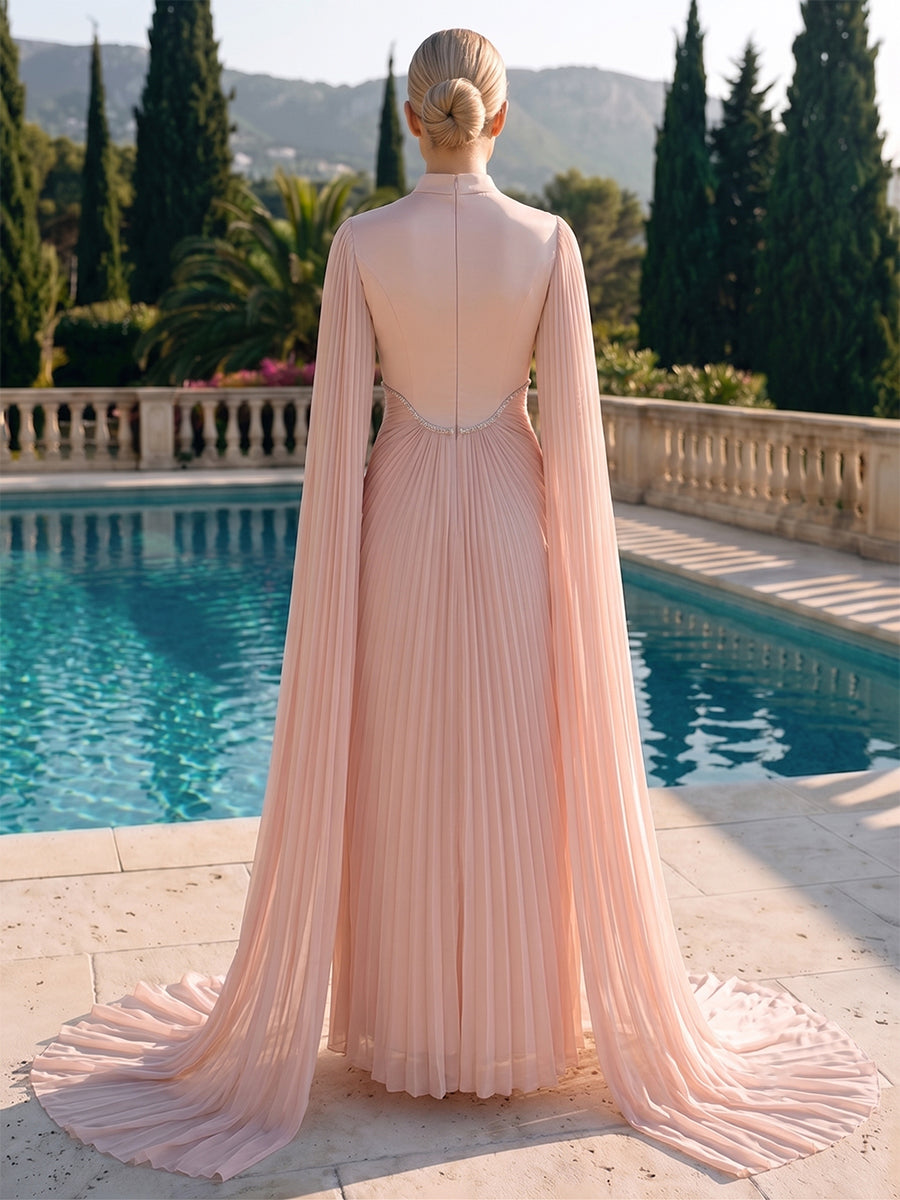 Chiffon Sheath High Neck Cape Pleats Evening Dresses