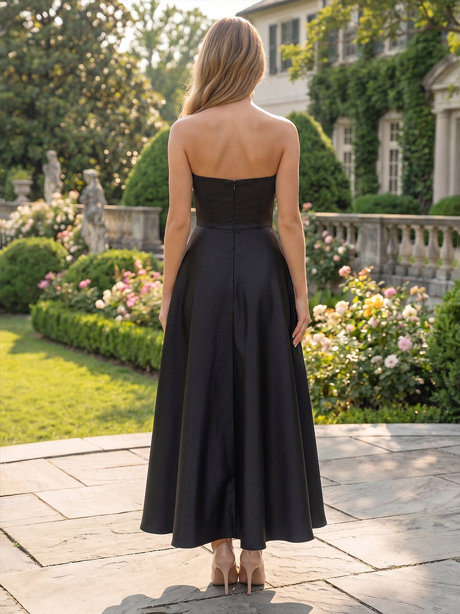 Satin A Line Strapless 3D Flowers Ruched Evening Dresses