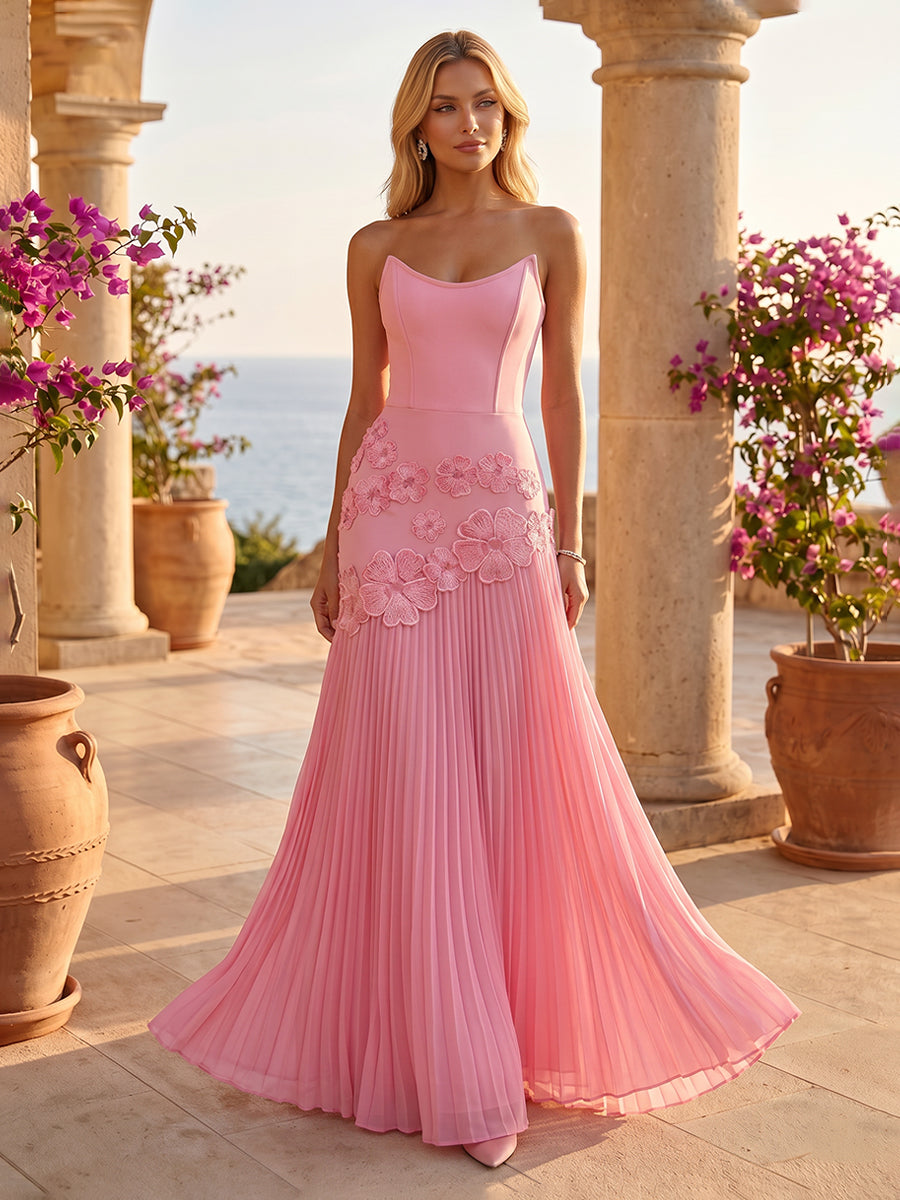 Chiffon A Line Strapless Embroidery Ruched Evening Dresses