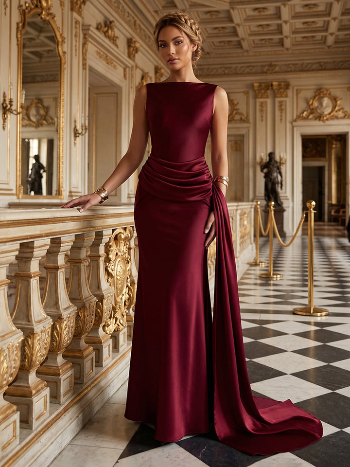 Satin Mermaid Scoop Neck Sash Ruched Evening Dresses