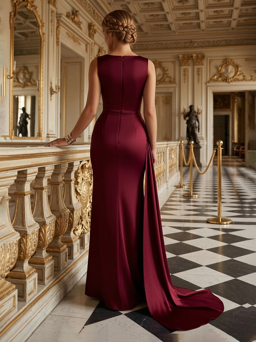 Satin Mermaid Scoop Neck Sash Ruched Evening Dresses