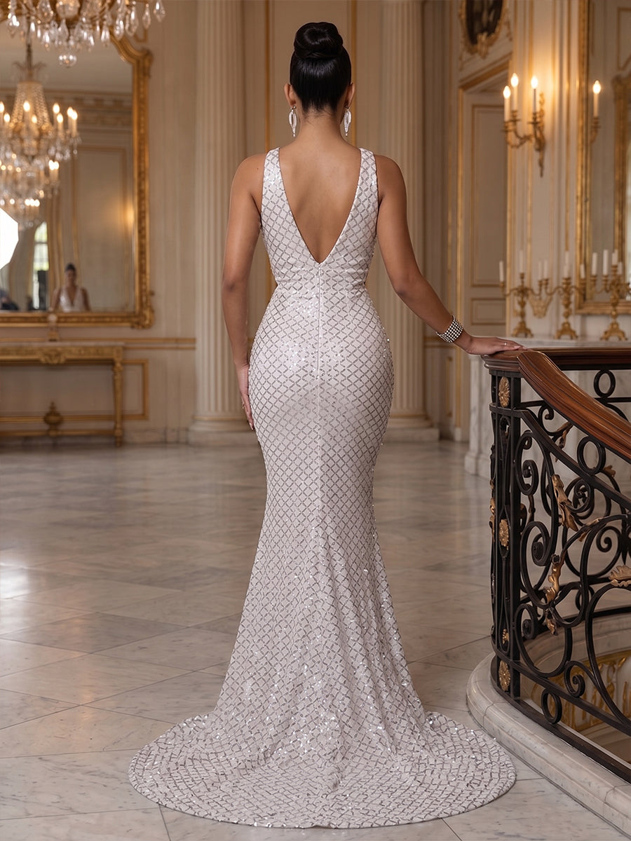 Sequin Mermaid V Neck Bow elegent Evening Dresses