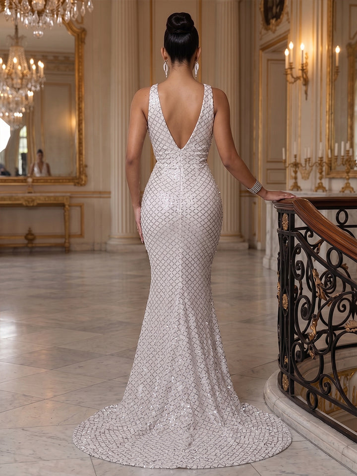 Sequin Mermaid V Neck Bow elegent Evening Dresses