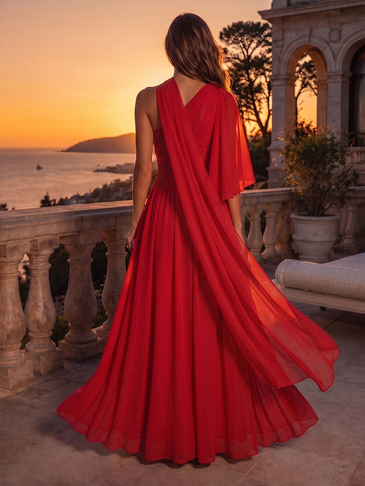 Chiffon A Line One Shoulder Side Slit Pleats Evening Dresses