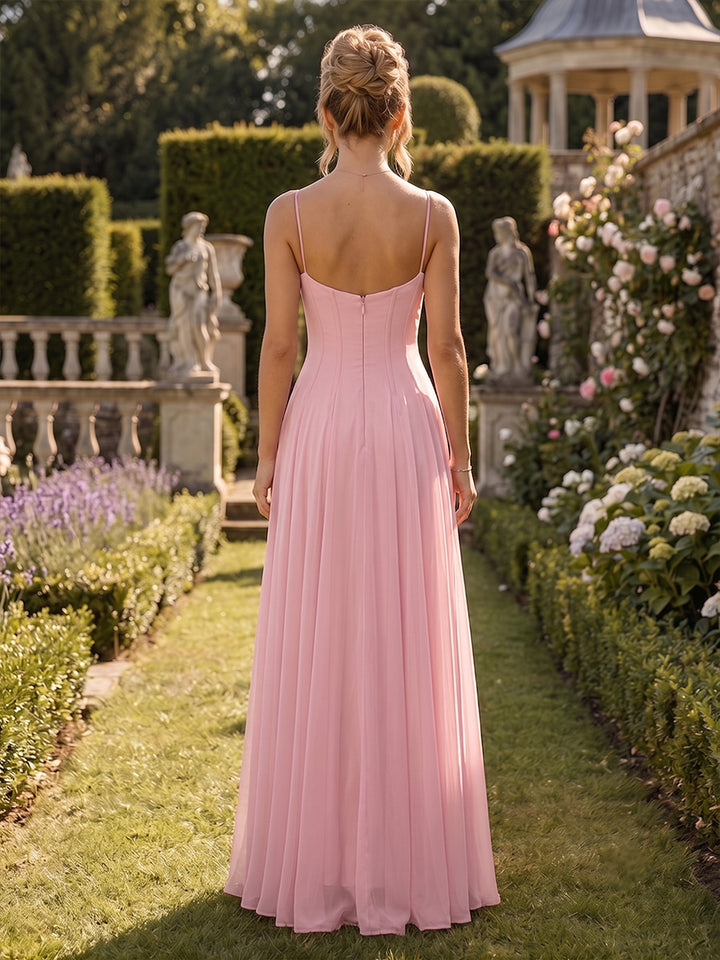 Chiffon A Line Spaghetti Straps Corset Pleats Formal Dresses