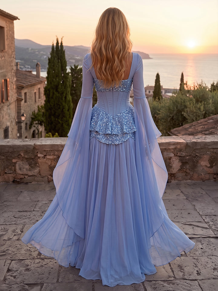 Chiffon Mermaid Square Neck Sequin Ruffles Evening Dresses