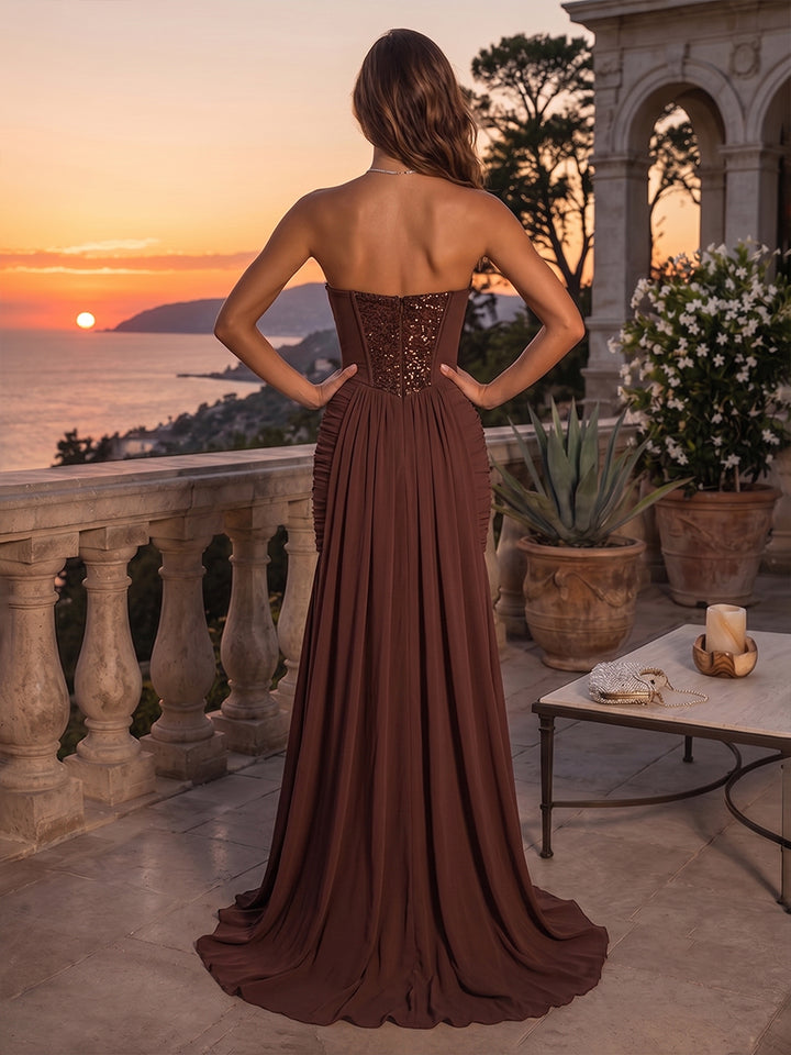 Satin Mermaid Strapless Sequin Sash Evening Dresses