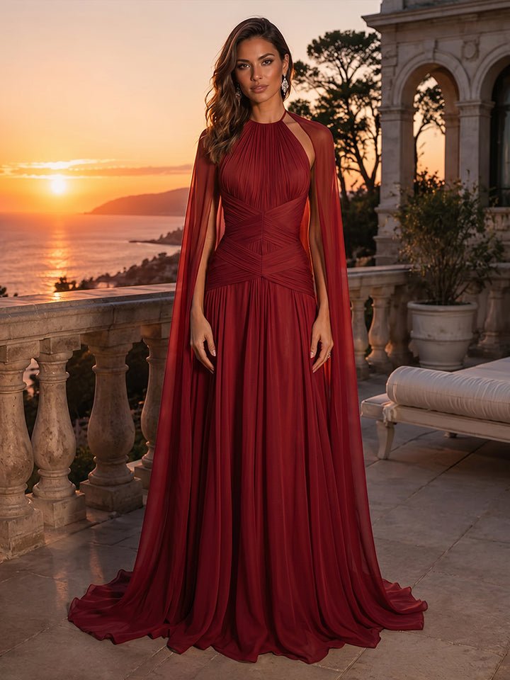 Chiffon Mermaid Halter Pleats Ruched Evening Dresses