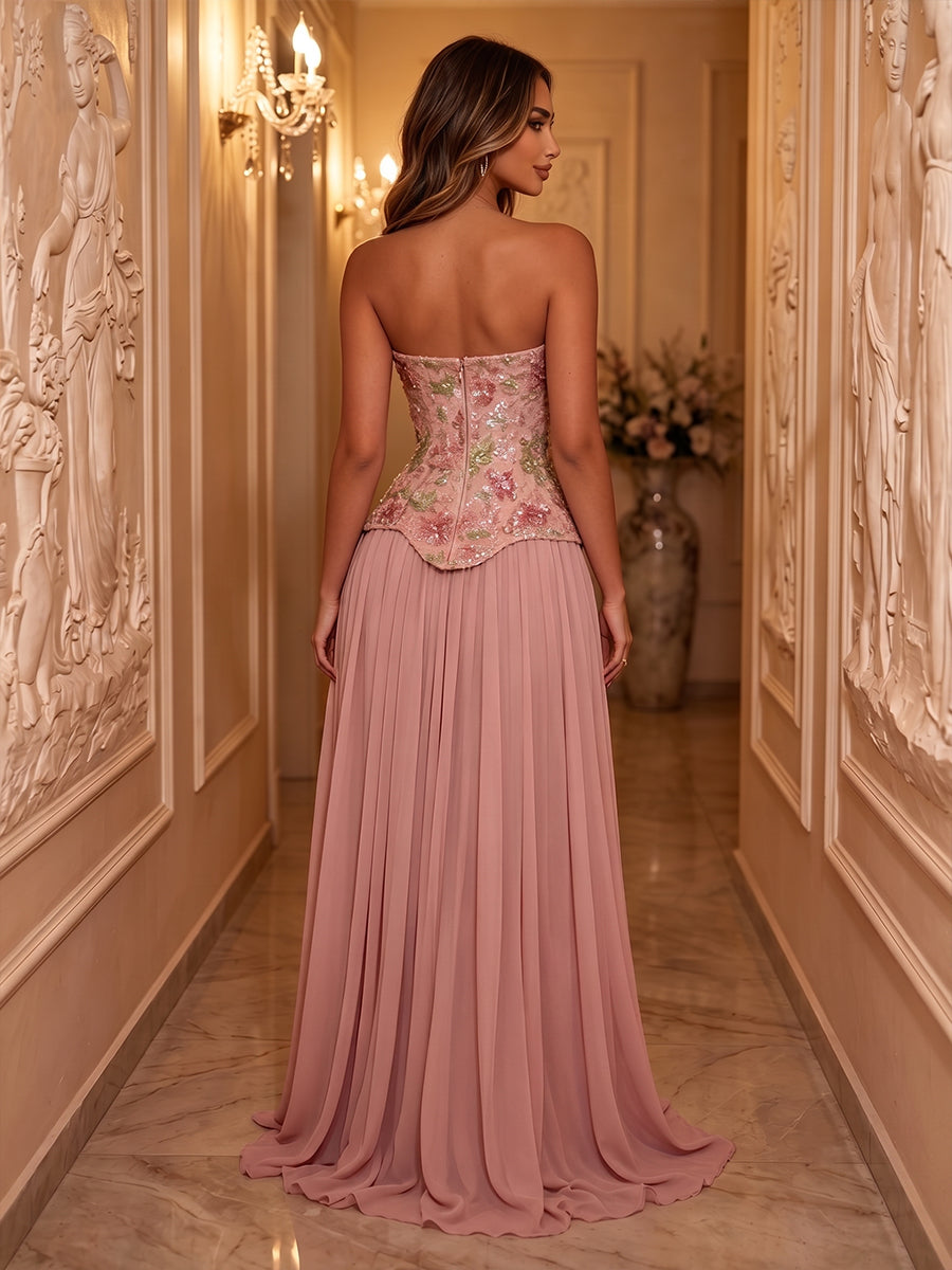 Sequin Floral Mermaid Strapless Pleats Ruched Evening Dresses