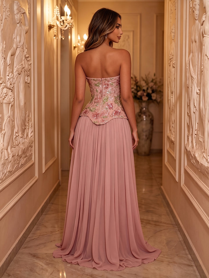 Sequin Floral Mermaid Strapless Pleats Ruched Evening Dresses