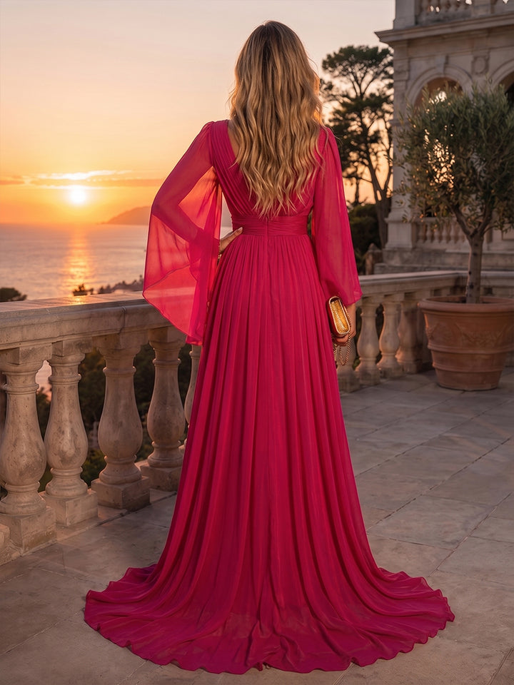 Chiffon Mermaid V Neck Side Slit Ruched Evening Dresses