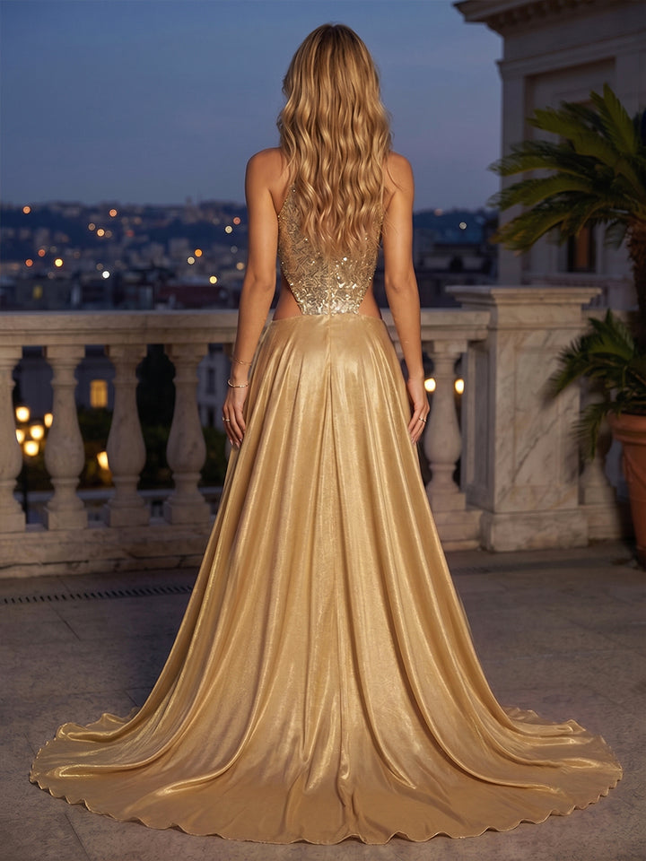 Sequin Mermaid Round Neck Cut Out Ruched Evening Dresses