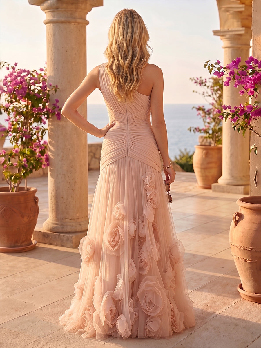 Tulle Sheath One Shoulder 3D Flowers Ruched Evening Dresses