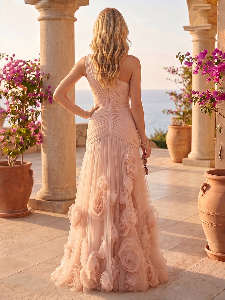 Tulle Sheath One Shoulder 3D Flowers Ruched Evening Dresses