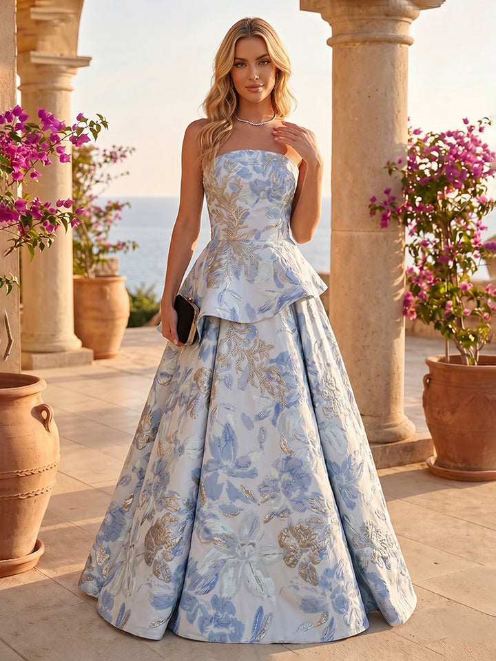 Jacquard A Line Strapless Ruffles Ruched Evening Dresses