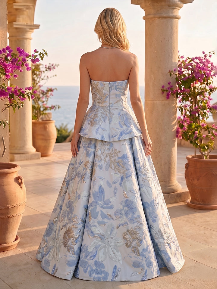 Jacquard A Line Strapless Ruffles Ruched Evening Dresses